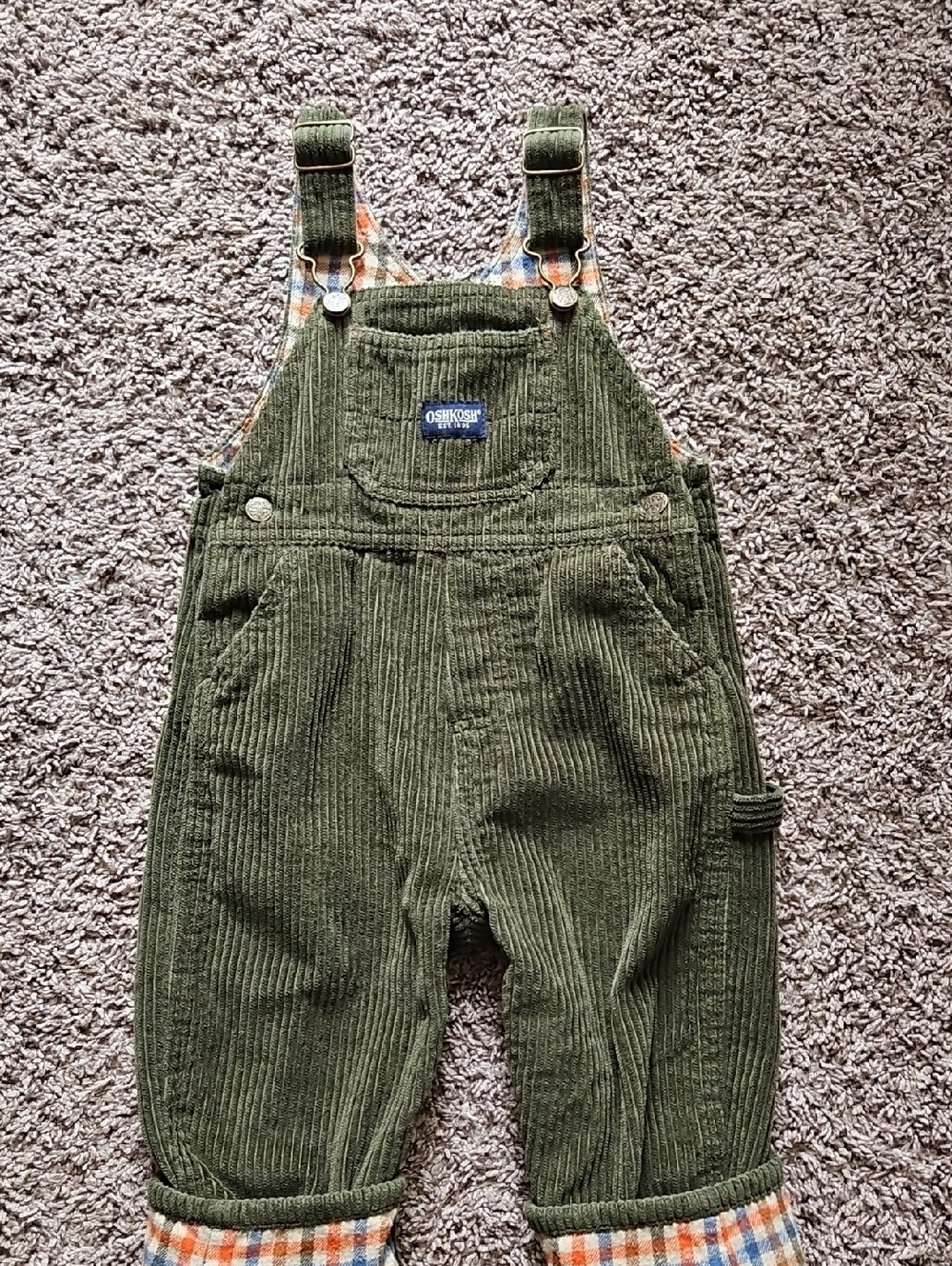 VGUC Vintage Oshkosh B'gosh Flannel-lined Green Corduroy Overalls Size 18 Months